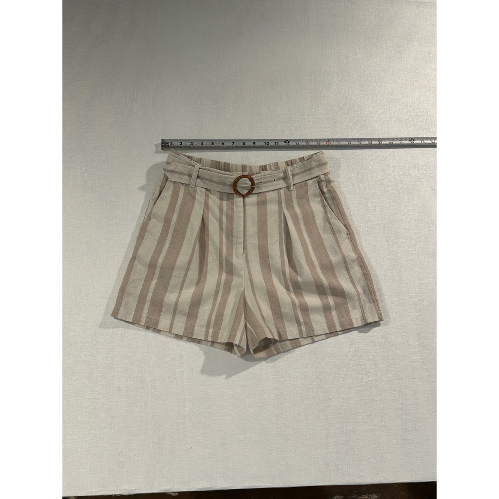 VICI Womens Large Tan White Striped Linen Blend Belted High‎ Rise Shorts - Picture 3 of 8